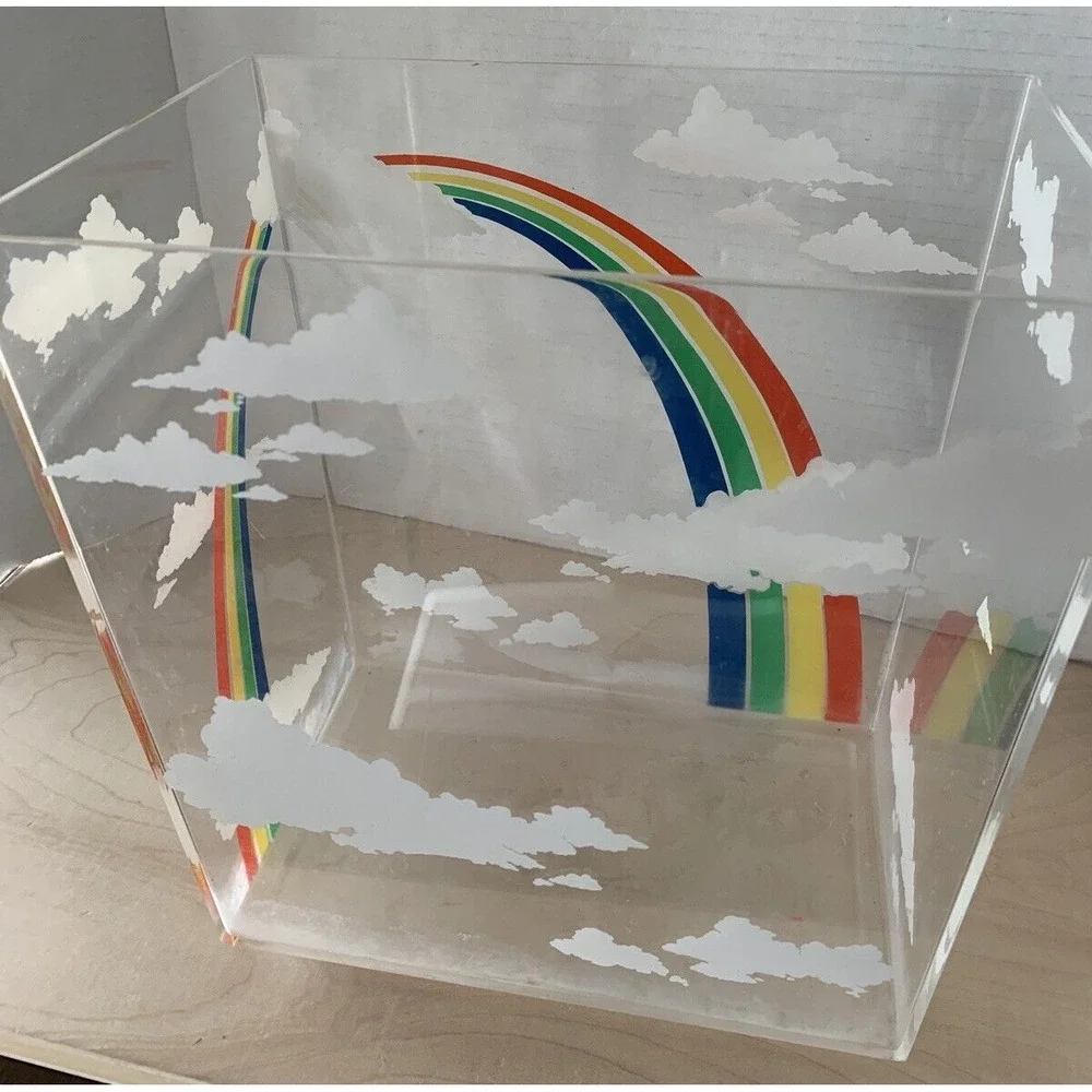Vintage late 70s/early 80s Rainbow Clouds Lucite Acrylic Waste Bin Trash Can